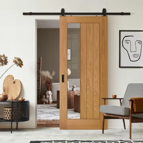 Oak Internal Fully Finished Farley 1 Light Clear Offset Glass Sliding Door - Black Top Mounted (120808)