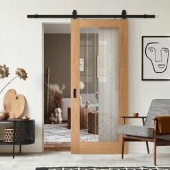 Oak Internal Fully Finished Farley 1 Light Obscure Lined Clear Glass Sliding Door - Black Top Mounted (120809)