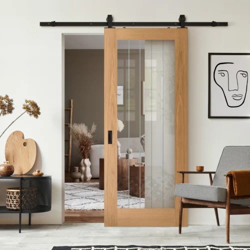 Oak Internal Fully Finished Farley 1 Light Obscure Lined Clear Glass Sliding Door - Black Top Mounted (120809)