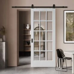 White Primed Internal SA 15 Light Clear Glass Sliding Door - Black Top Mounted (120787)