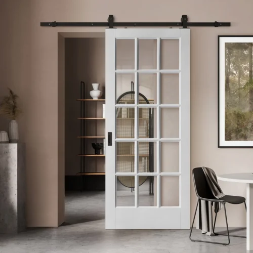 White Primed Internal SA 15 Light Clear Glass Sliding Door - Black Top Mounted (120787)