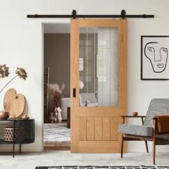 Oak Internal Fully Finished Farley 1 Panel 1 Light Obscure Lined Clear Glass Sliding Door - Black Top Mounted (120865)