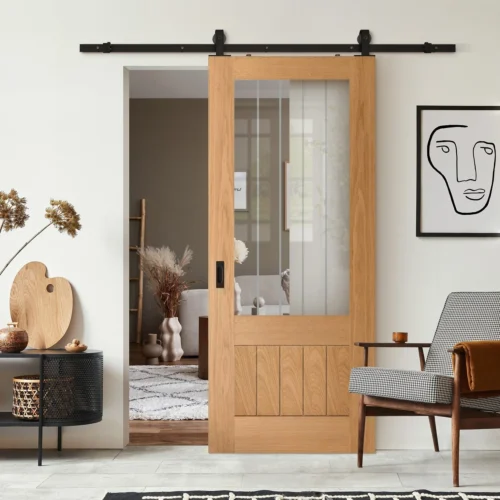 Oak Internal Fully Finished Farley 1 Panel 1 Light Obscure Lined Clear Glass Sliding Door - Black Top Mounted (120865)