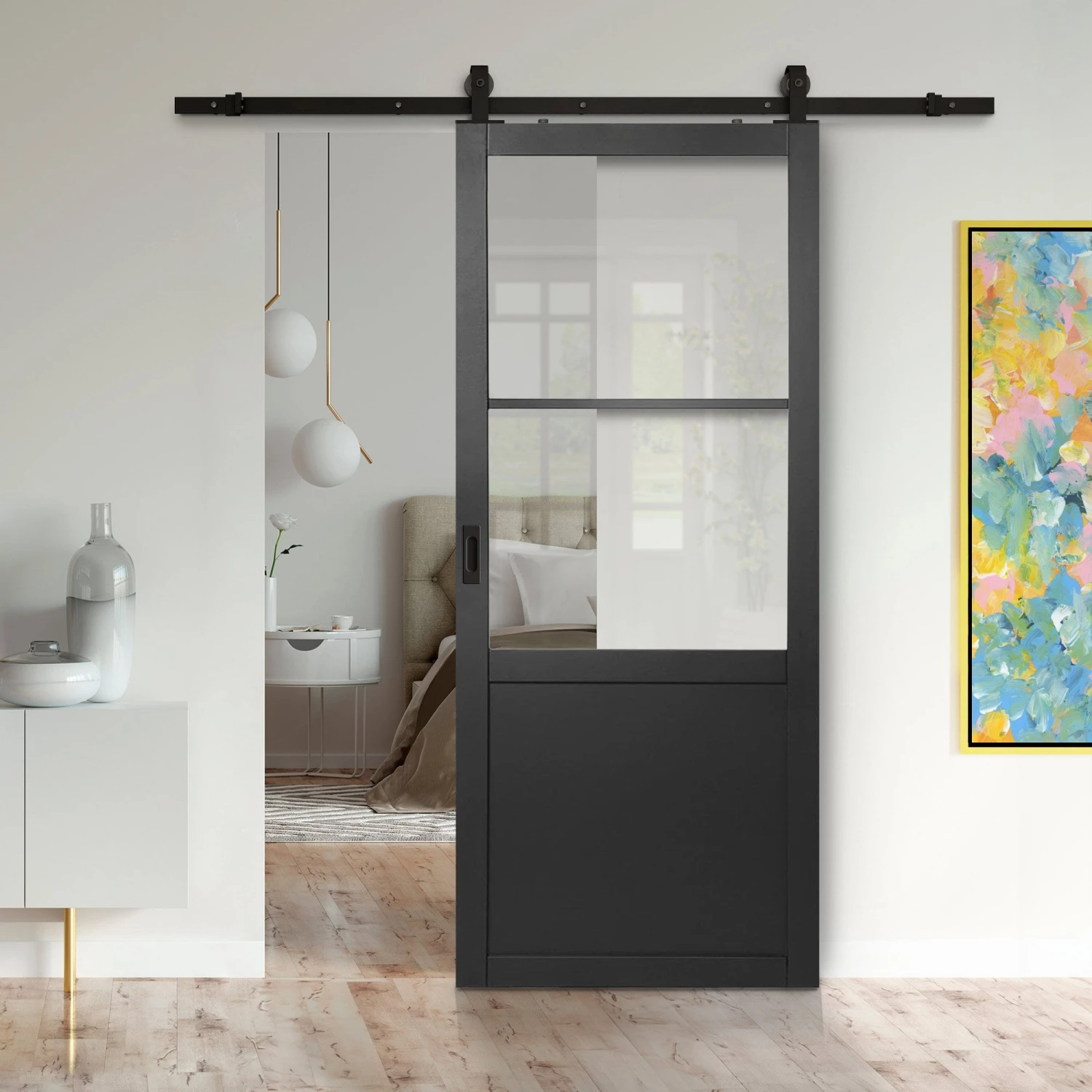 Jet Black Internal Fully Finished Industrial Studio 1 Panel 2 Light Clear Glass Door - Black Top Mounted (120870) 1 Jet Black Internal Fully Finished Industrial Studio 1 Panel 2 Light Clear Glass Door - Black Top Mounted (120870)