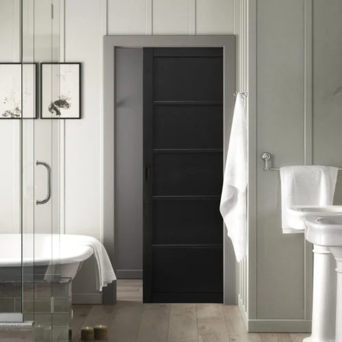 Jet Black Internal Fully Finished Industrial Studio 5 Panel Classic Framed 100mm Pocket Door Set (121014)