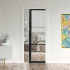 Jet Black Internal Fully Finished Industrial Studio 3 Light Clear Glass Classic Framed 100mm Pocket Door Set (120834)