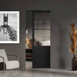 Jet Black Internal Fully Finished Industrial Studio 1 Panel 2 Light Clear Glass Classic Framed 100mm Pocket Door Set (120845)