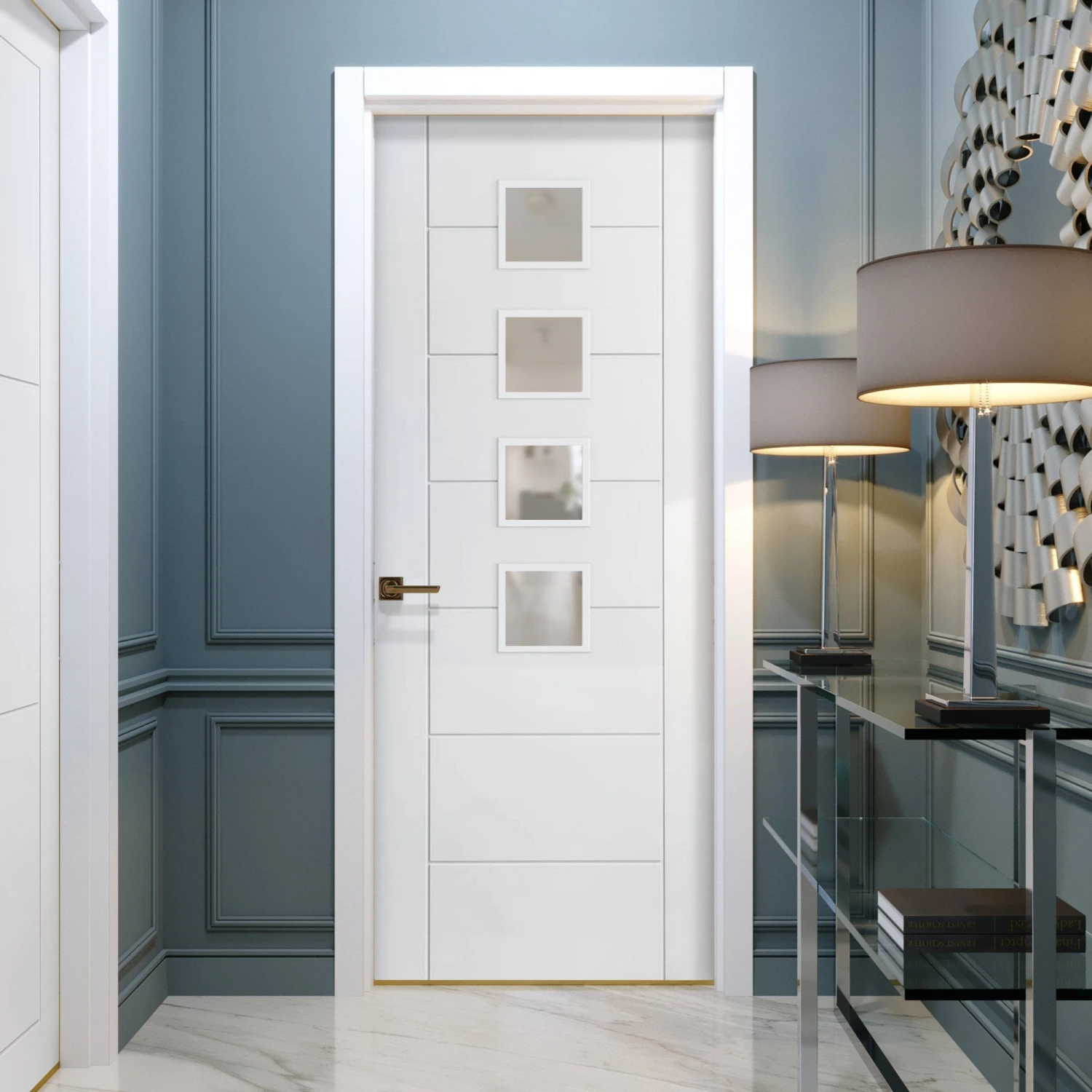 White Internal Primed Pedrena 7 Panel 4 Light Obscure Glass Made-to-Measure Door (120520) 1 White Internal Primed Pedrena 7 Panel 4 Light Obscure Glass Made-to-Measure Door (120520)