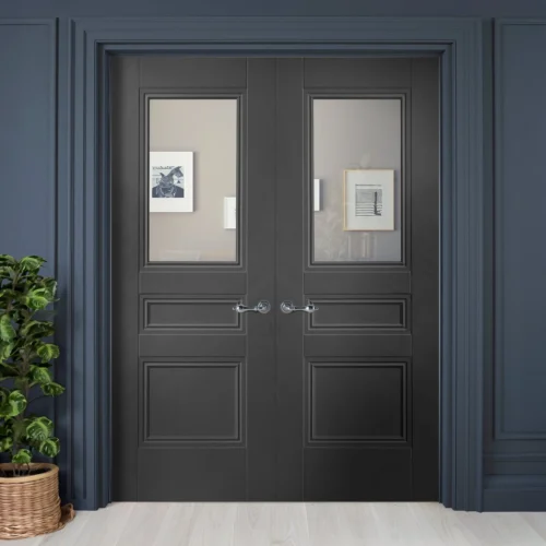 Internal Black Primed Henley 2 Panel 1 Light Door Pair Door (121321)