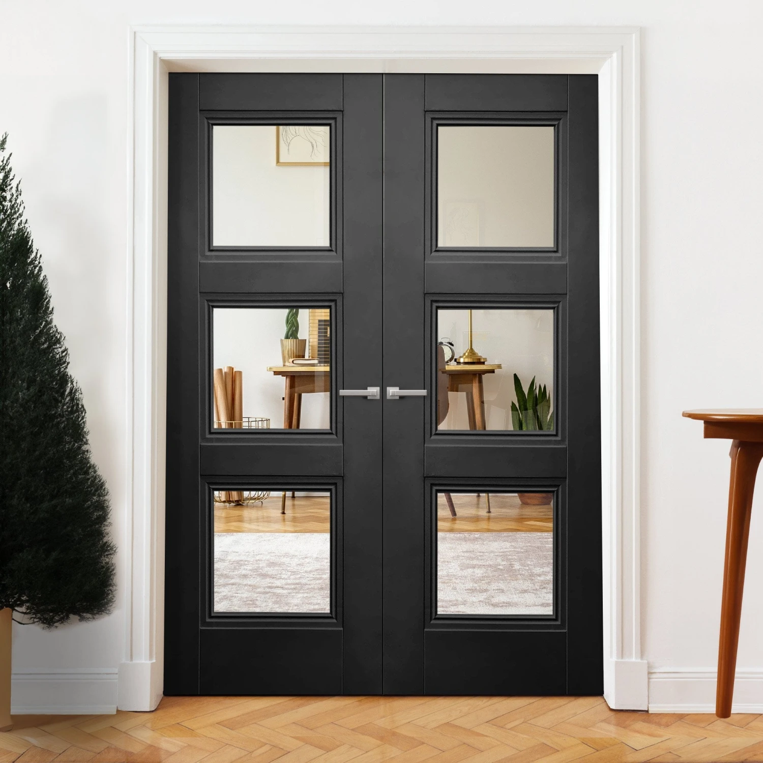 Internal Black Primed Ripley 3 Light Clear Glass Pair Door (121333) 1 Internal Black Primed Ripley 3 Light Clear Glass Pair Door (121333)
