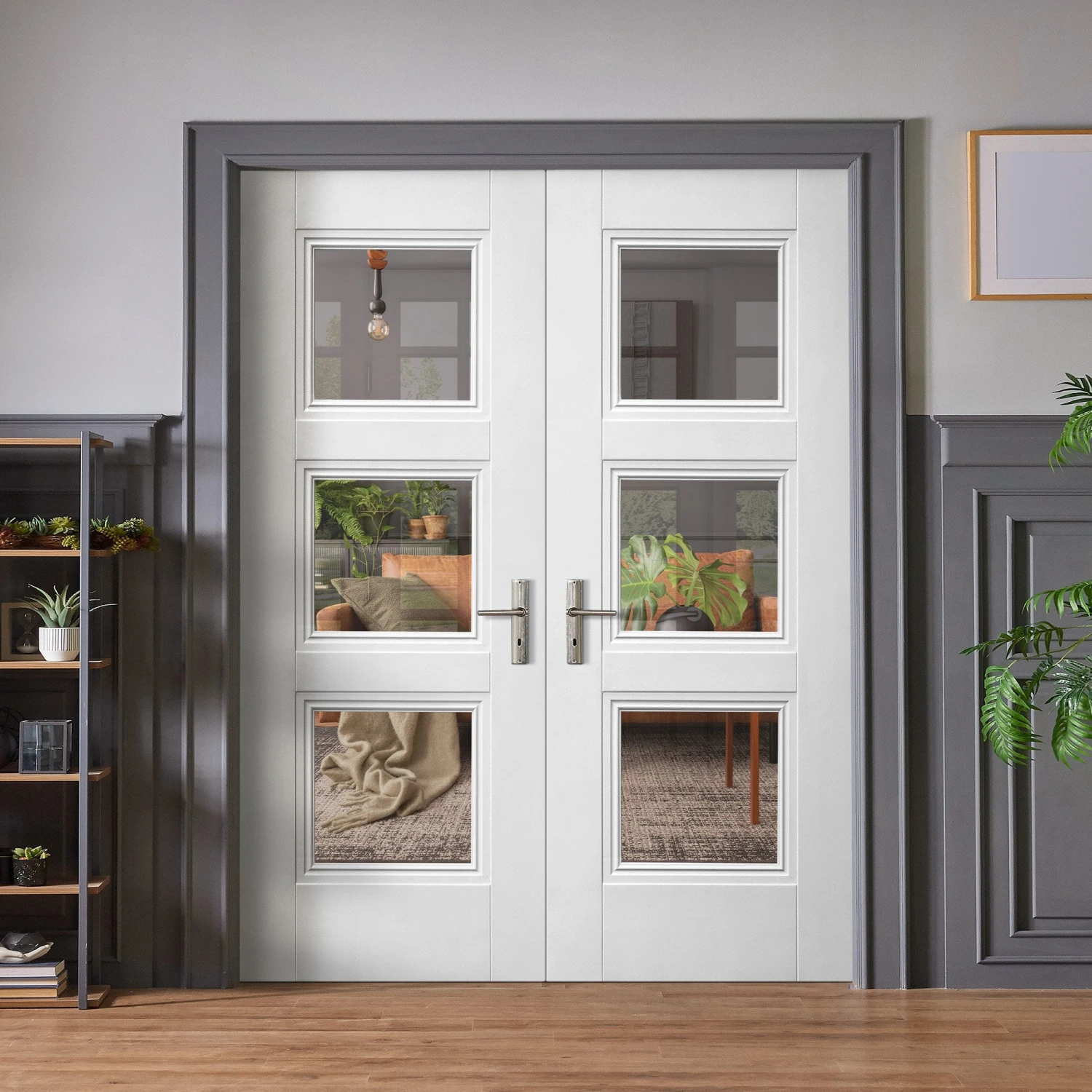 Internal White Primed Elegance Ripley 3 Light Clear Glass Pair Door (121415) 1 Internal White Primed Elegance Ripley 3 Light Clear Glass Pair Door (121415)