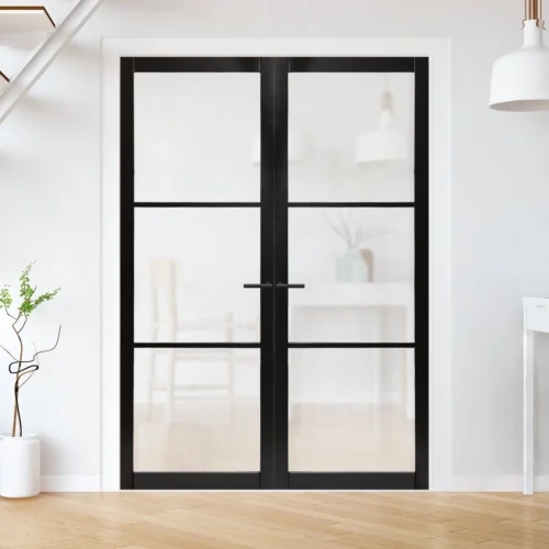 Jet Black Internal Fully Finished Industrial Studio 3 Light Obscure Glass Pair Door (121349)