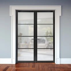 Jet Black Internal Fully Finished Industrial Studio 4 Light Obscure Glass Pair Door (121352)