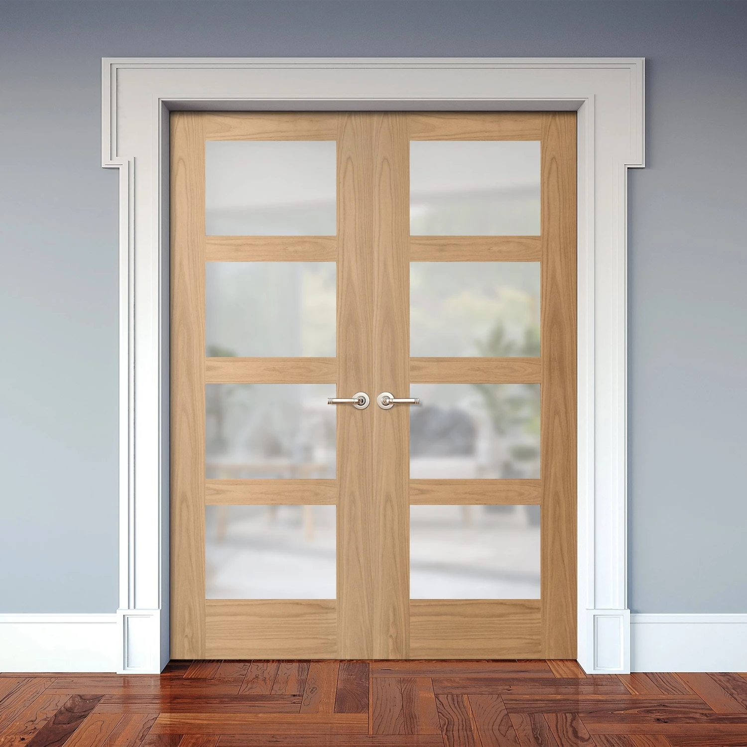 Internal Oak Unfinished Shaker 4 Light Obscure Glass Pair Door (121385) 1 Internal Oak Unfinished Shaker 4 Light Obscure Glass Pair Door (121385)