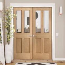 Internal Oak Unfinished Traditional 2 Panel 2 Light Clear Bevelled Glass Pair Door (121389)