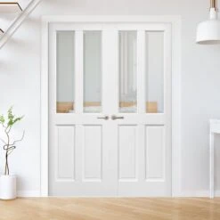 Internal White Primed Berkeley 4 Panel 2 Light Clear Bevelled Glass Pair Door (121404)