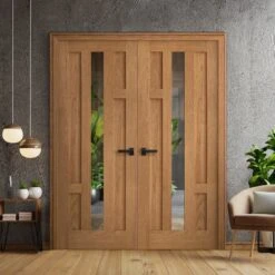 Internal Oak Fully Finished Stamford 4 Panel 1 Light Glazed Pair Door (121370)