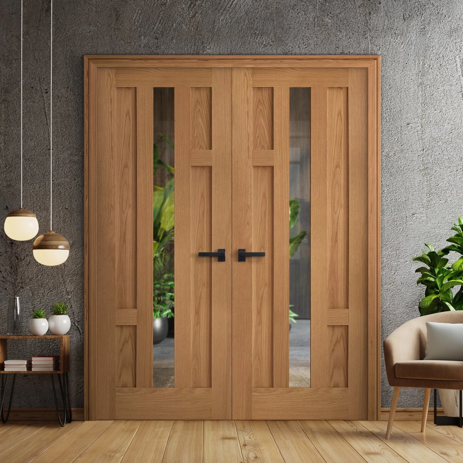 Internal Oak Fully Finished Stamford 4 Panel 1 Light Glazed Pair Door (121370) 1 Internal Oak Fully Finished Stamford 4 Panel 1 Light Glazed Pair Door (121370)