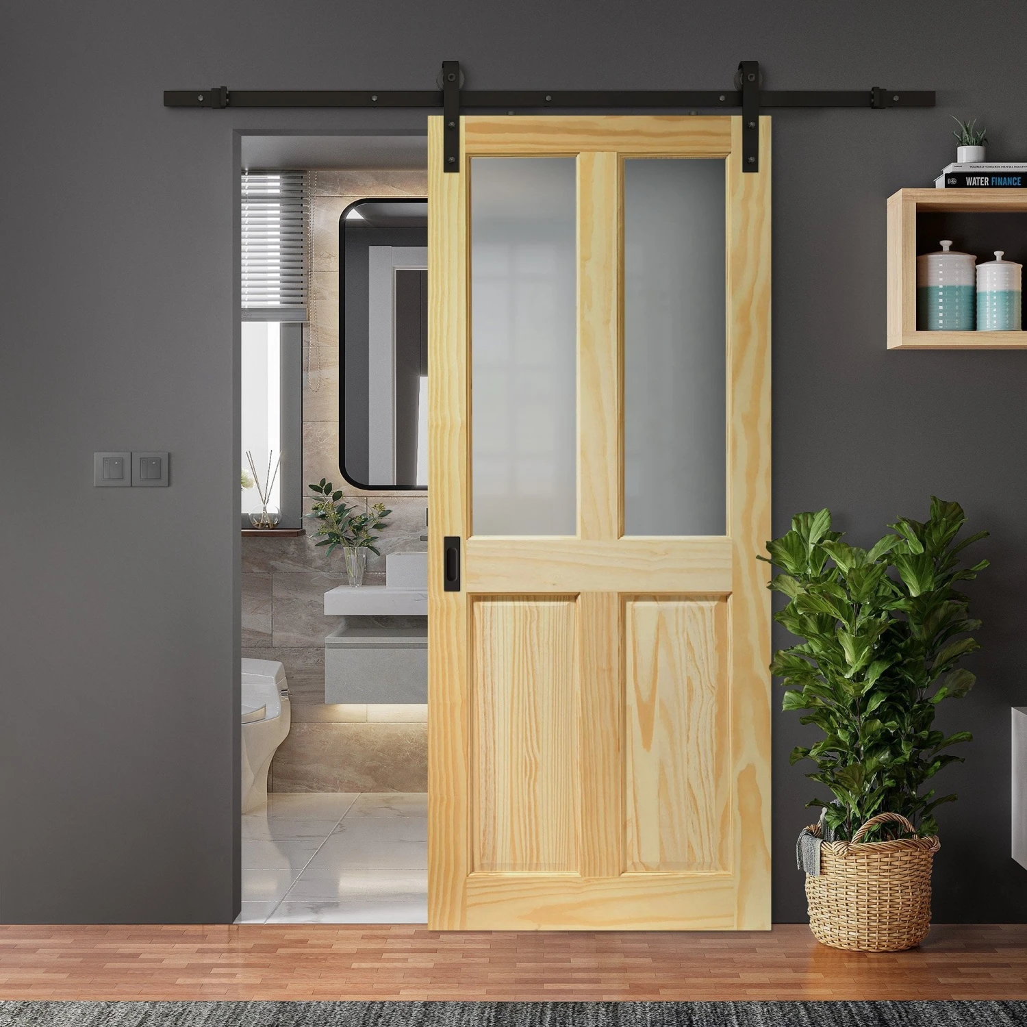 Clear Pine Internal Unfinished 2 Panel 2 Light Obscure Glass Sliding Door - Black Face Mounted (119904) 2 Clear Pine Internal Unfinished 2 Panel 2 Light Obscure Glass Sliding Door - Black Face Mounted (119904) - Image 2