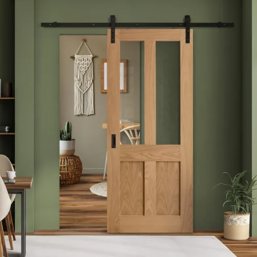 Oak Internal Unfinished Victorian Shaker 2 Panel 2 Light Clear Glass Sliding Door - Black Face Mounted (119960)