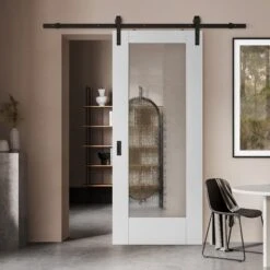 White Internal Primed Pattern 10 Ocean Glass Sliding Door - Black Face Mounted (119999)