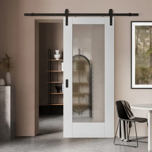 White Internal Primed Pattern 10 Ocean Glass Sliding Door - Black Face Mounted (119999)