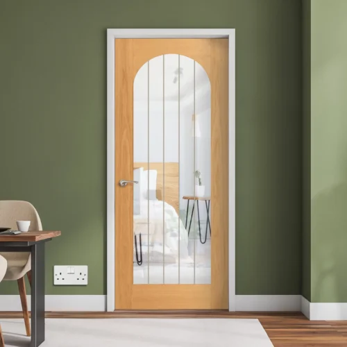 Oak Internal Fully Finished Farley Arched Square Top 1 Light Obscure Lined Clear Glass Door (122072)