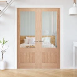 Internal Oak Unfinished Farley 1 Panel 1 Light Obscure Lined Glazed Pair Door (121377)