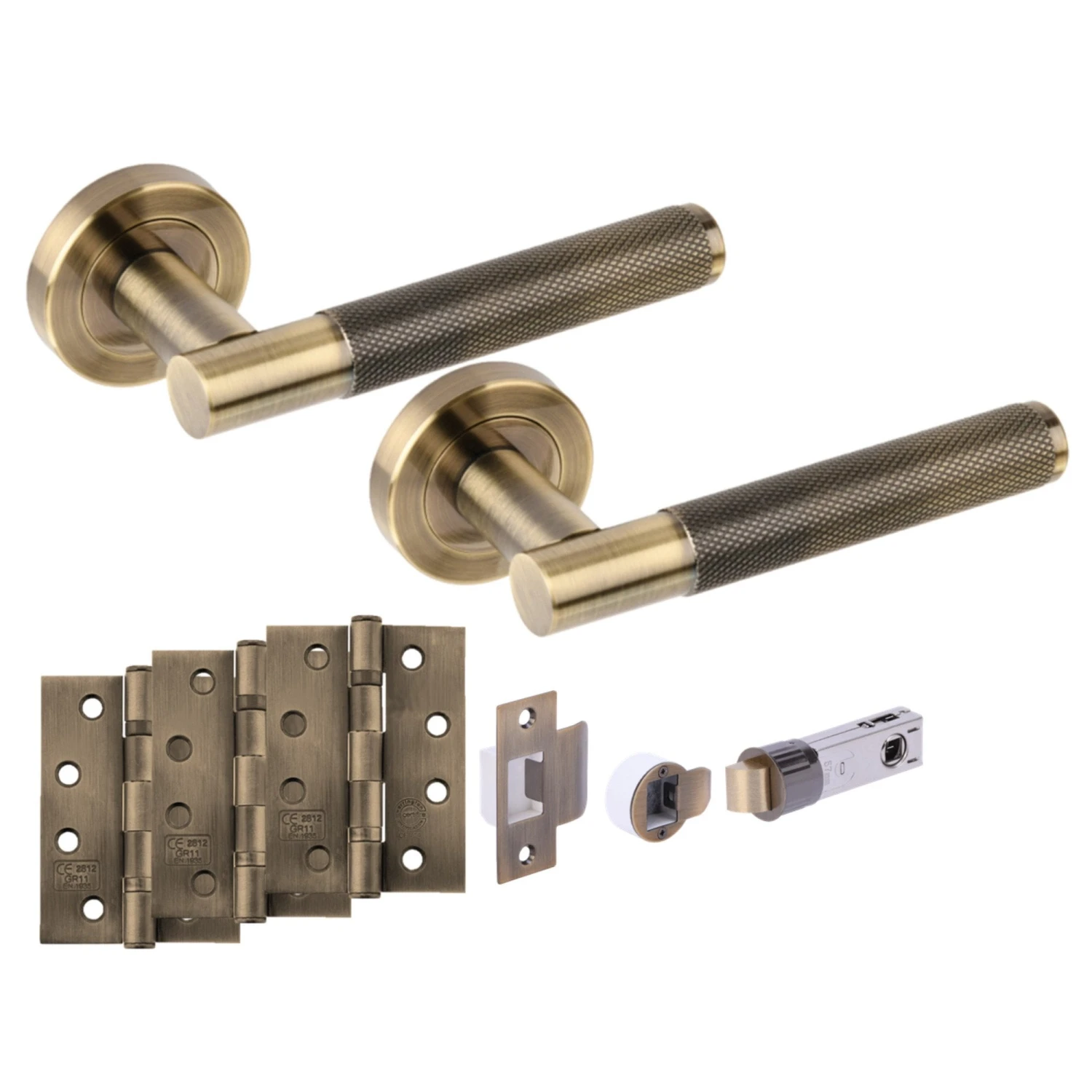 Knurled Round Rose Lever Fire Rated Door Handle Set - Antique Bronze (341501) 1 Knurled Round Rose Lever Fire Rated Door Handle Set - Antique Bronze (341501)