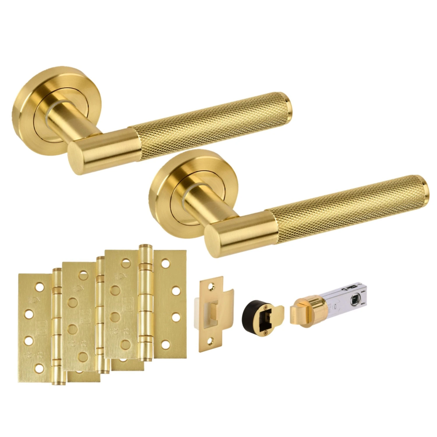 Knurled Round Rose Lever Fire Rated Door Handle Set - Satin Brass (341510) 1 Knurled Round Rose Lever Fire Rated Door Handle Set - Satin Brass (341510)