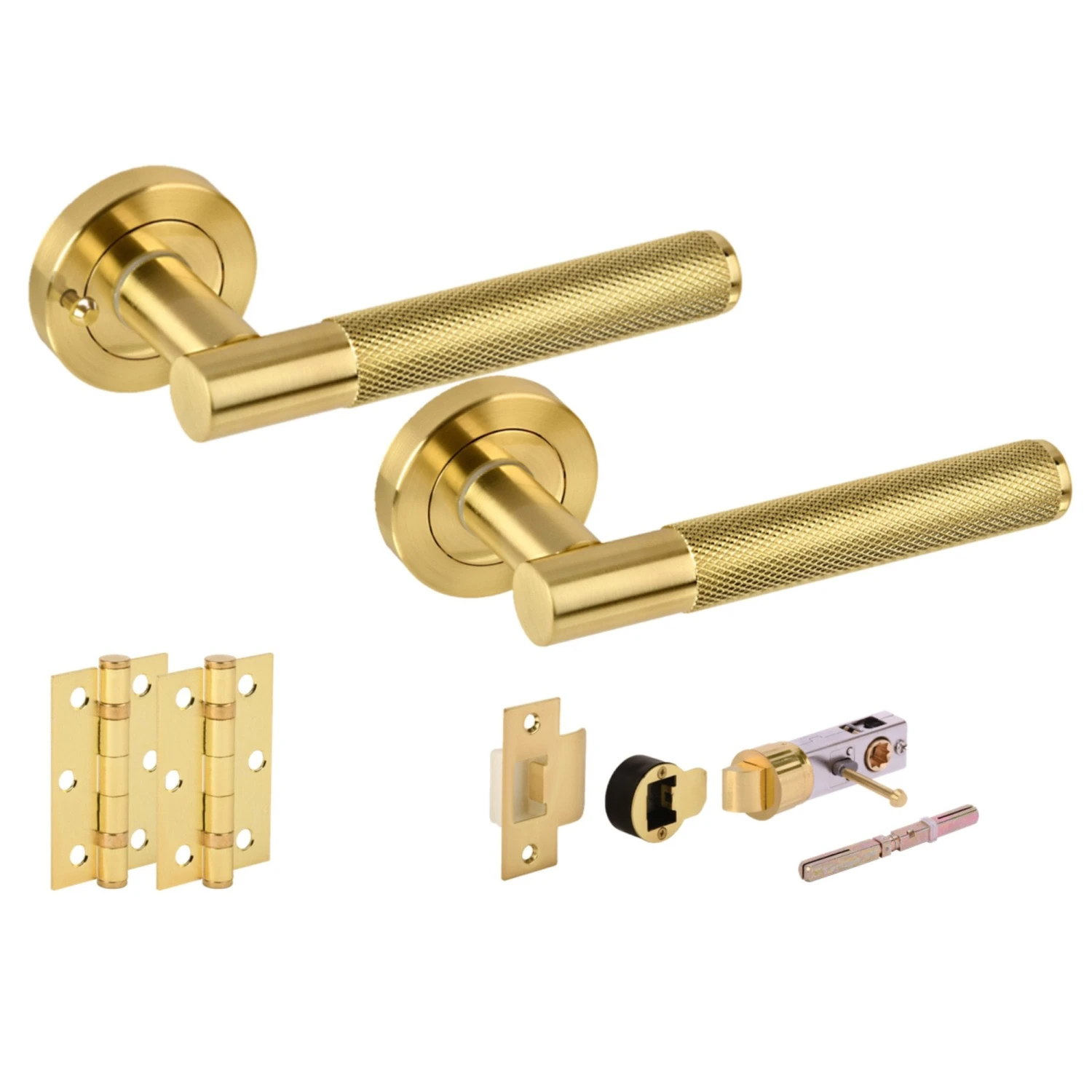 Knurled Round Rose Lever Door Bathroom Handle Set - Satin Brass (341509) 1 Knurled Round Rose Lever Door Bathroom Handle Set - Satin Brass (341509)