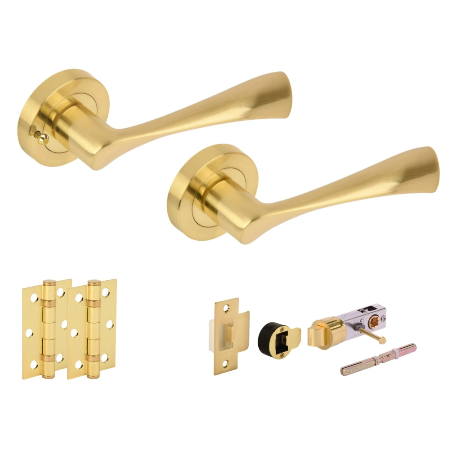 Oasis Round Rose Lever Door Bathroom Handle Set - Satin Brass (341524) 1 Oasis Round Rose Lever Door Bathroom Handle Set - Satin Brass (341524)