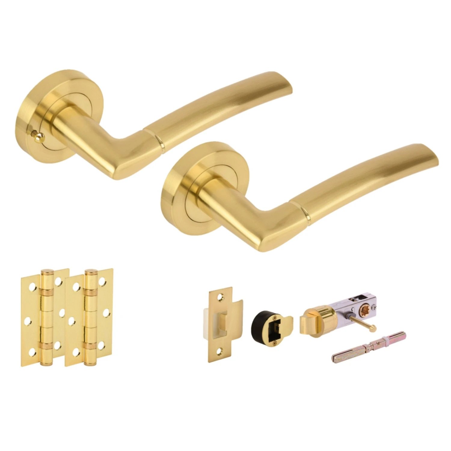 Orbit Round Rose Lever Door Bathroom Handle Set - Satin Brass (341536) 1 Orbit Round Rose Lever Door Bathroom Handle Set - Satin Brass (341536)