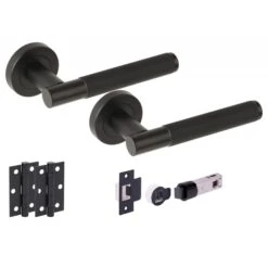 Knurled Round Rose Lever Door Handle Set - Matt Black (251291)