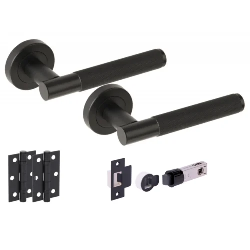 Knurled Round Rose Lever Door Handle Set - Matt Black (251291)