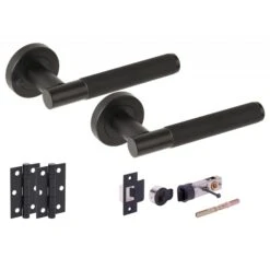 Knurled Round Rose Lever Door Bathroom Handle Set - Matt Black (251292)