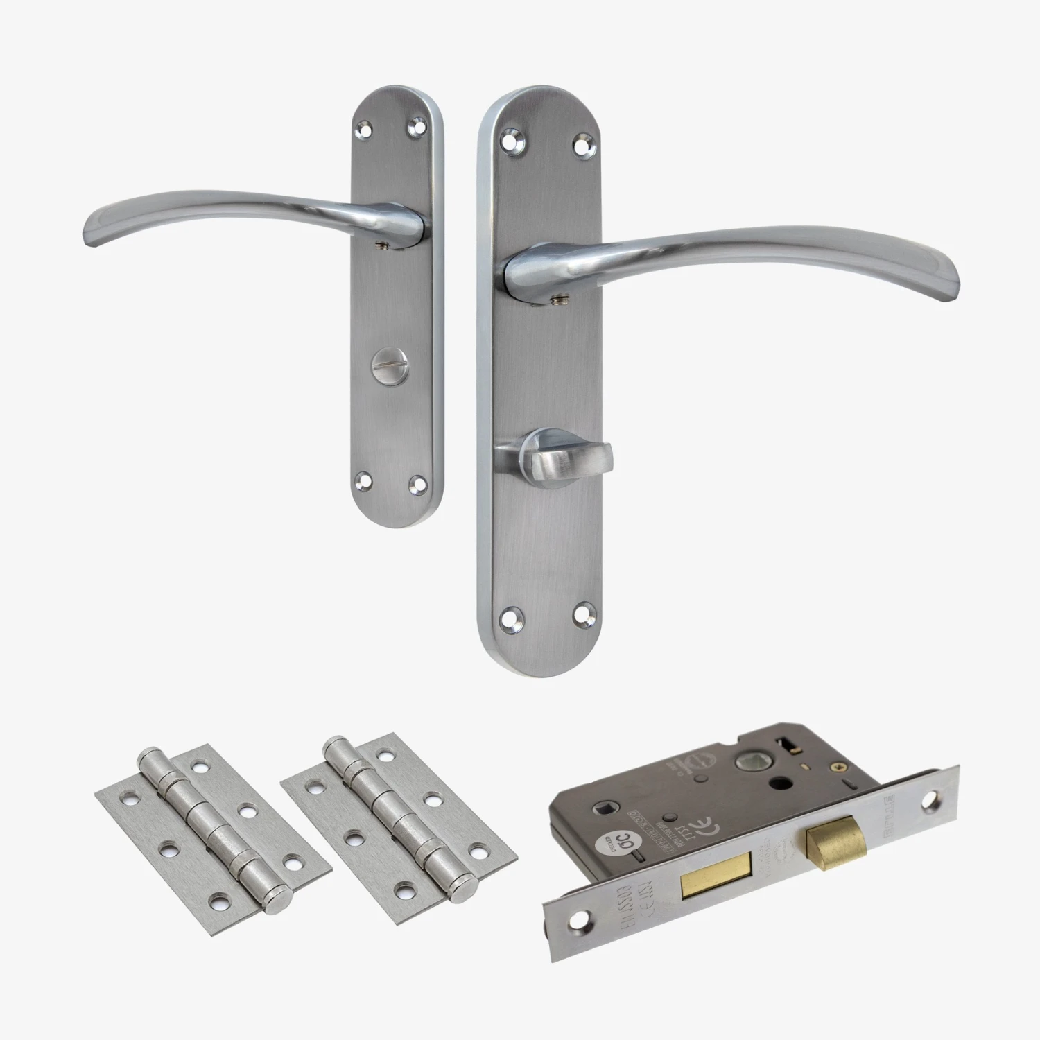 Scimitar Lever On Backplate Bathroom Door Handle Set - Satin Chrome (122292) 1 Scimitar Lever On Backplate Bathroom Door Handle Set - Satin Chrome (122292)