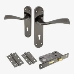 Scimitar Lever And Lock On Backplate Bathroom Door Handle Set - Black Nickel (122297)