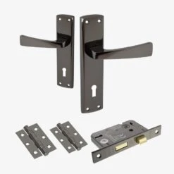 Ritz Lever And Lock On Backplate Bathroom Door Handle Set - Black Nickel (122282)