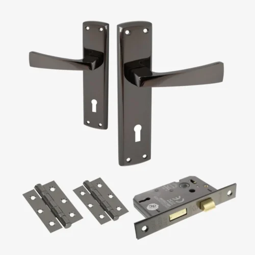 Ritz Lever And Lock On Backplate Bathroom Door Handle Set - Black Nickel (122282)