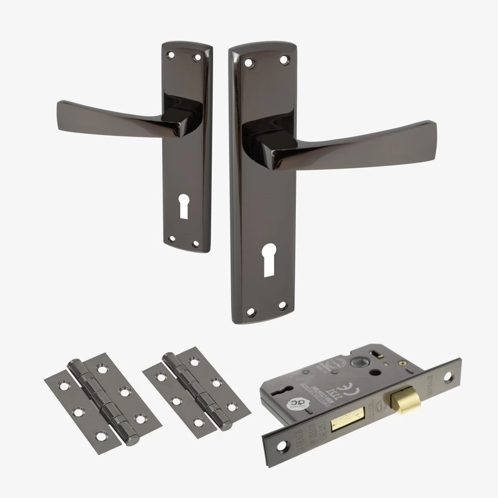 Ritz Lever And Lock On Backplate Bathroom Door Handle Set - Black Nickel (122282) 1 Ritz Lever And Lock On Backplate Bathroom Door Handle Set - Black Nickel (122282)
