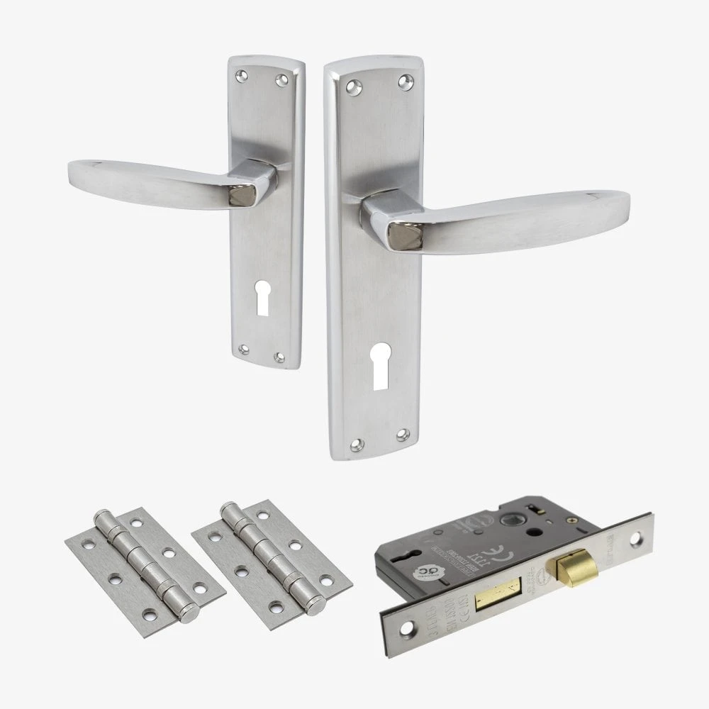 Deco Lever And Lock On Backplate Bathroom Door Handle Set - Polished Chrome / Satin Chrome (122281) 1 Deco Lever And Lock On Backplate Bathroom Door Handle Set - Polished Chrome / Satin Chrome (122281)