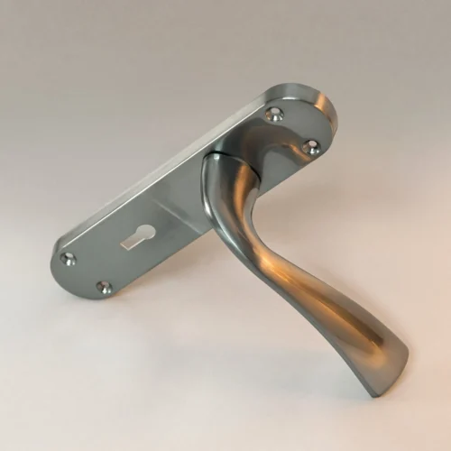 Scimitar Lever And Lock On Backplate Bathroom Door Handle Set - Satin Chrome (122293) -Oak Door Store 1725874466 08482300