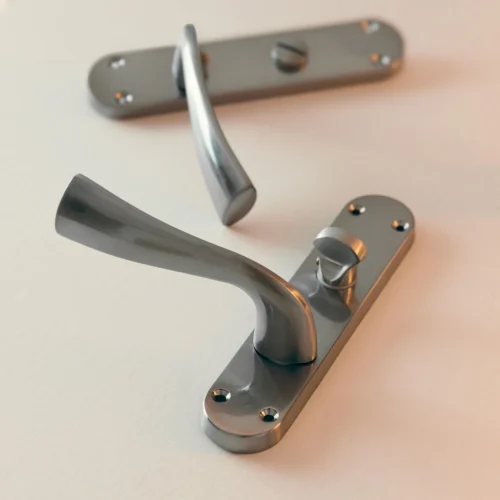 Scimitar Lever On Backplate Bathroom Door Handle Set - Satin Chrome (122292) -Oak Door Store 1725874625 14144700