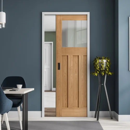 Oak Unfinished 1930's DX 3 Panel 1 Light Obscure Glass Framed 100mm Pocket Door Set (123205)