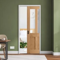 Oak Unfinished Victorian Shaker 2 Panel 2 Light Clear Glass Framed 100mm Pocket Door Set (123225)