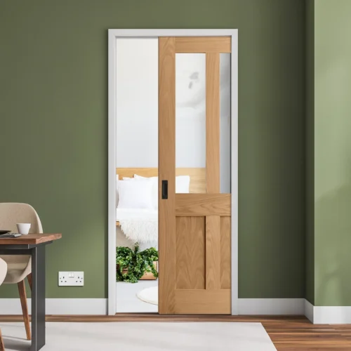 Oak Unfinished Victorian Shaker 2 Panel 2 Light Clear Glass Framed 100mm Pocket Door Set (123225)