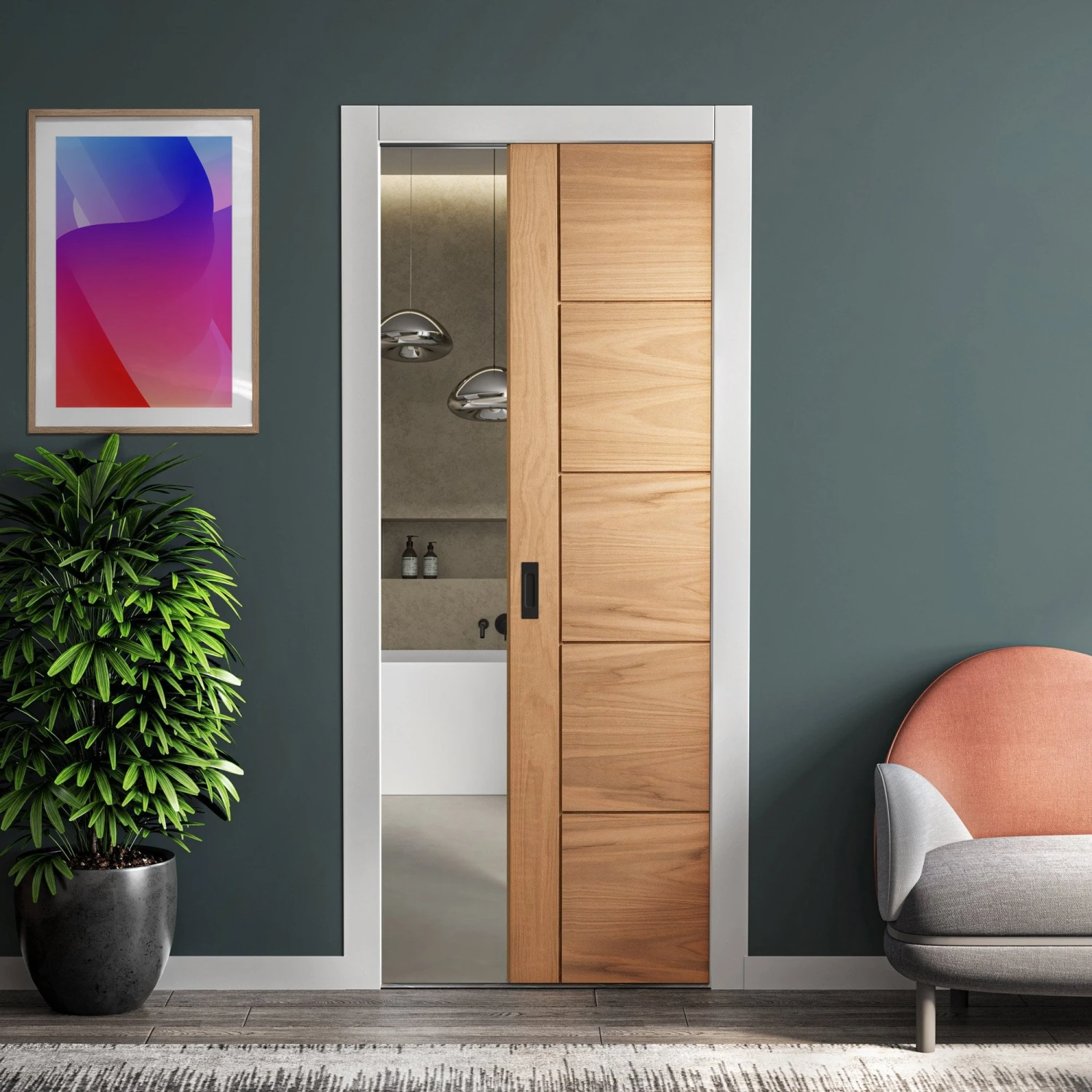 Oak Unfinished Parma 5 Panel Framed 100mm Pocket Door Set (123211) 1 Oak Unfinished Parma 5 Panel Framed 100mm Pocket Door Set (123211)