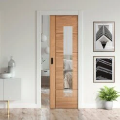 Oak Unfinished Parma 1 Light Clear Glass Framed 100mm Pocket Door Set (123210)