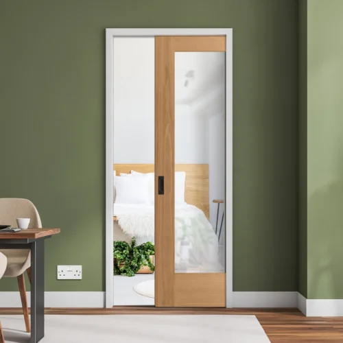 Oak Unfinished Pattern 10 1 Light Clear Glass Framed 100mm Pocket Door Set (123212)